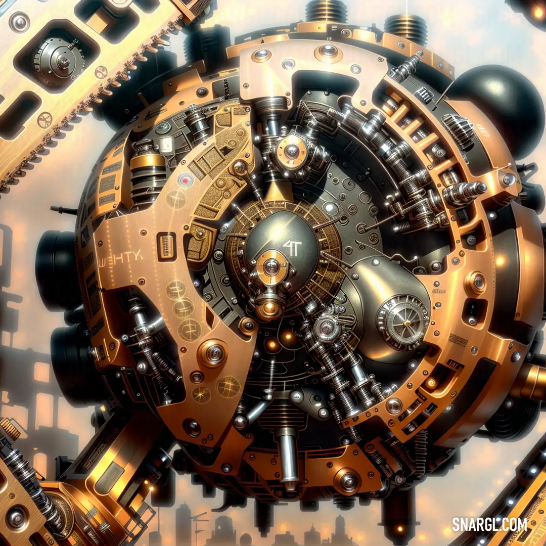Computer generated image of a clock with gears and gears on it's face and a city in the background. Example of RGB 254,175,109 color.