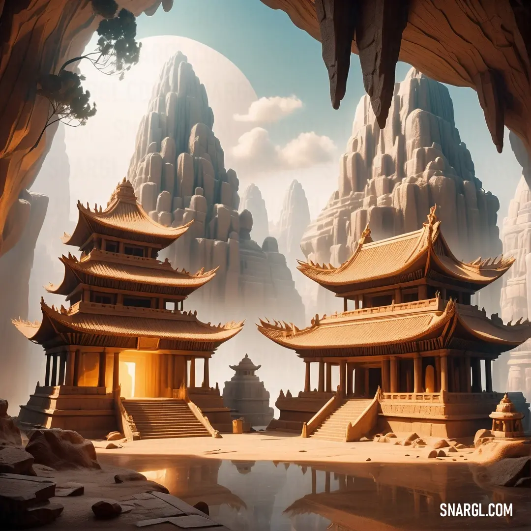 Digital painting of a chinese temple in a cave with a lake in front of it. Color #FEAF6D.