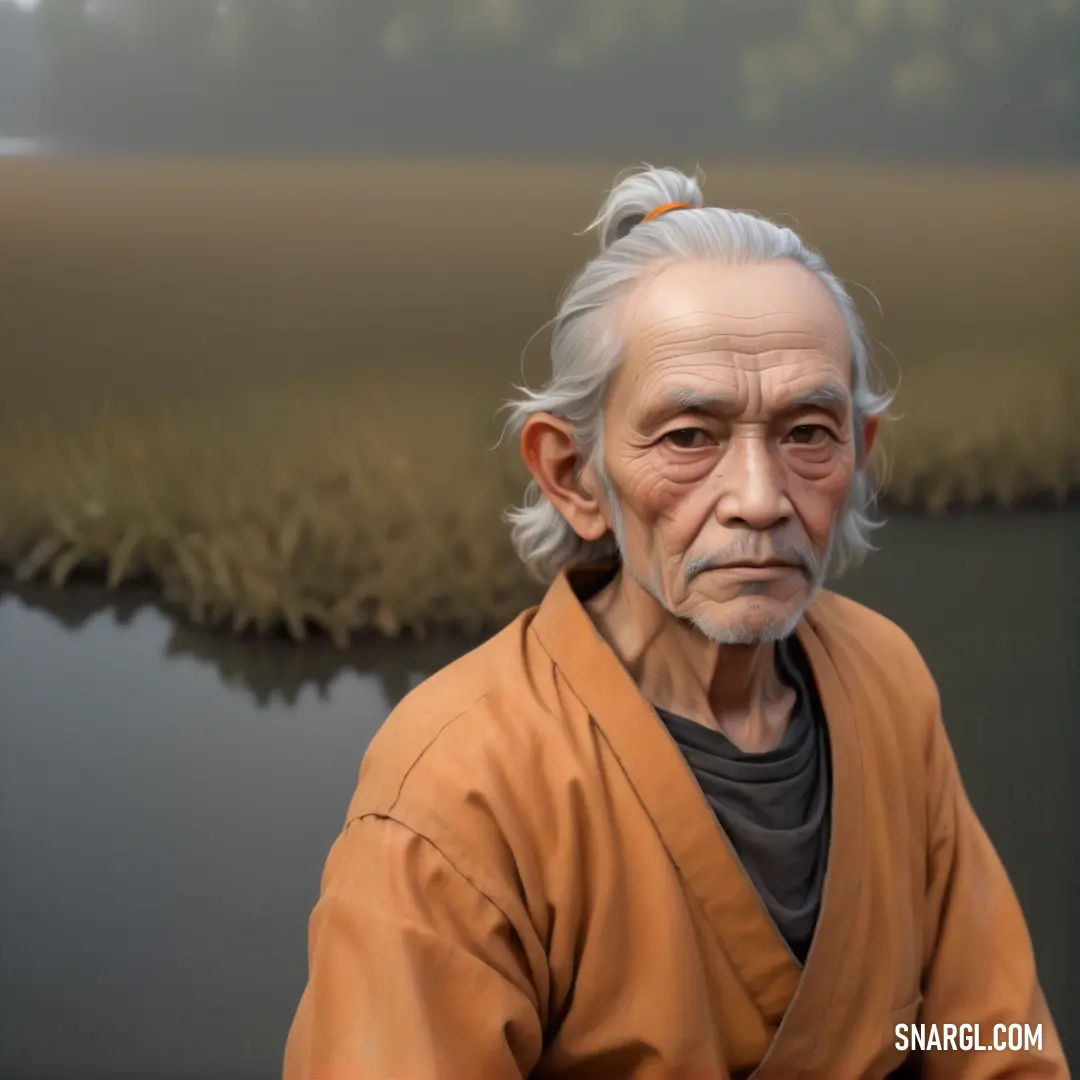 Man with a white hair and a brown outfit is in front of a pond and a grass covered area. Example of #FEAF6D color.
