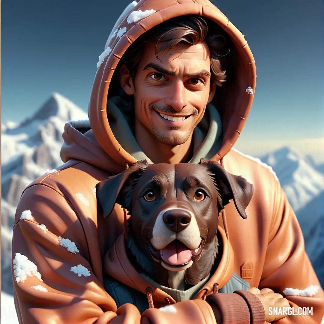 Man in a hoodie holding a dog in his arms in front of a mountain range with snow on it. Color CMYK 0,46,61,0.