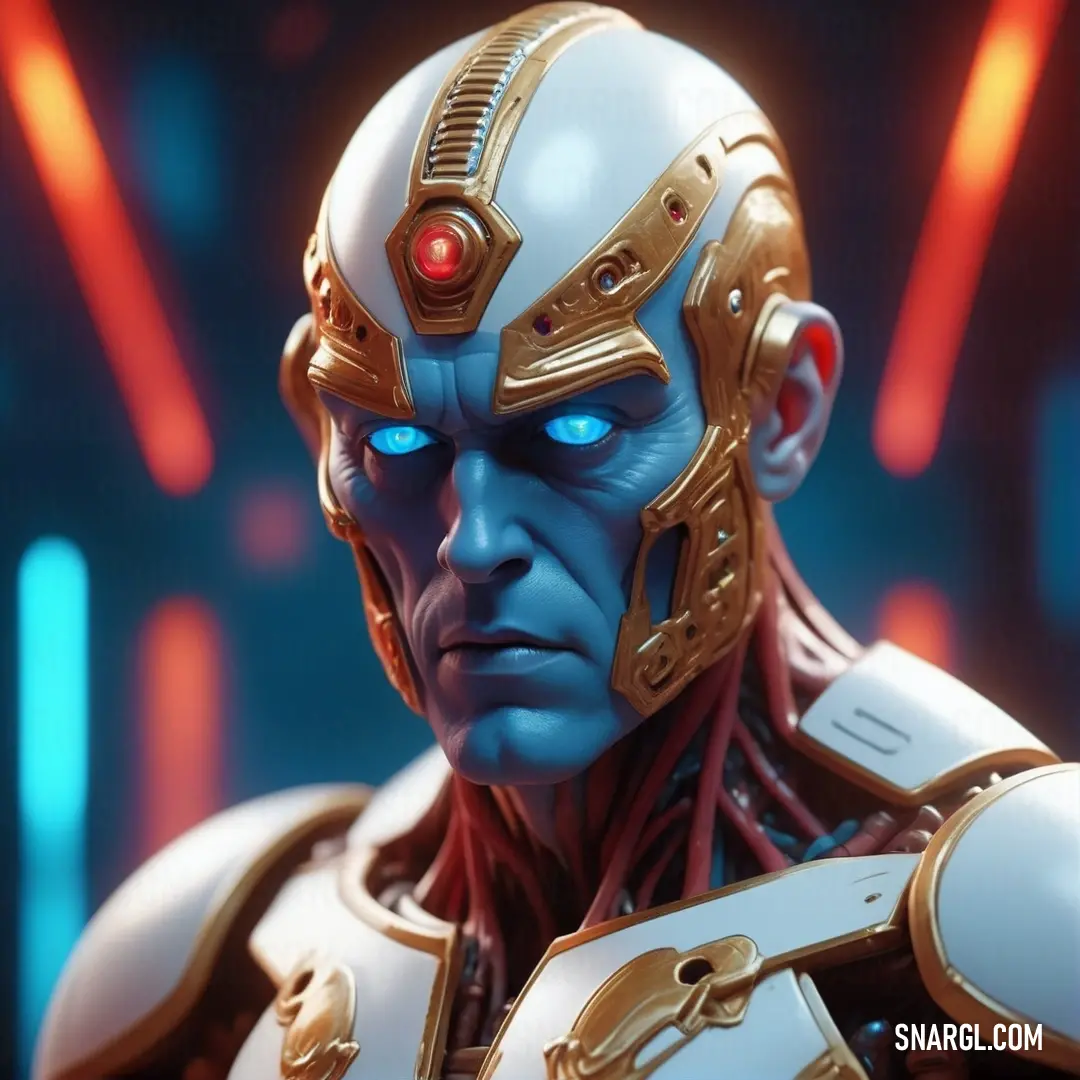 A close-up view of a futuristic robot with glowing blue eyes, wearing a sleek helmet, set against a backdrop of red light, adding to its mysterious aura. The sharp contrast in colors enhances the robot's detailed features.