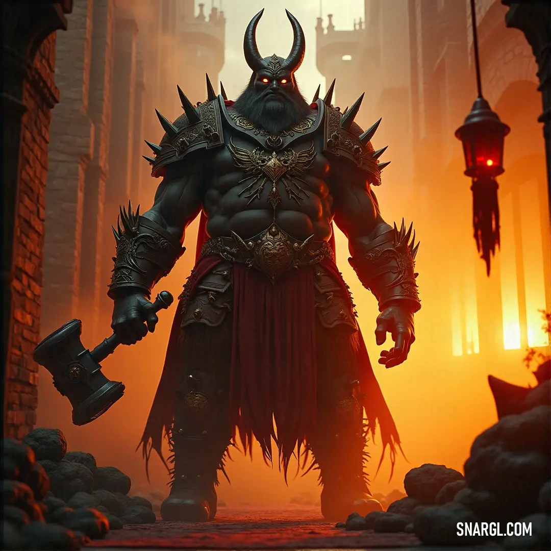 A formidable figure brandishing a hammer stands in a dark alleyway, with dim light casting eerie shadows around him. His horned head and imposing armor evoke a sense of danger and strength in this gritty urban setting.