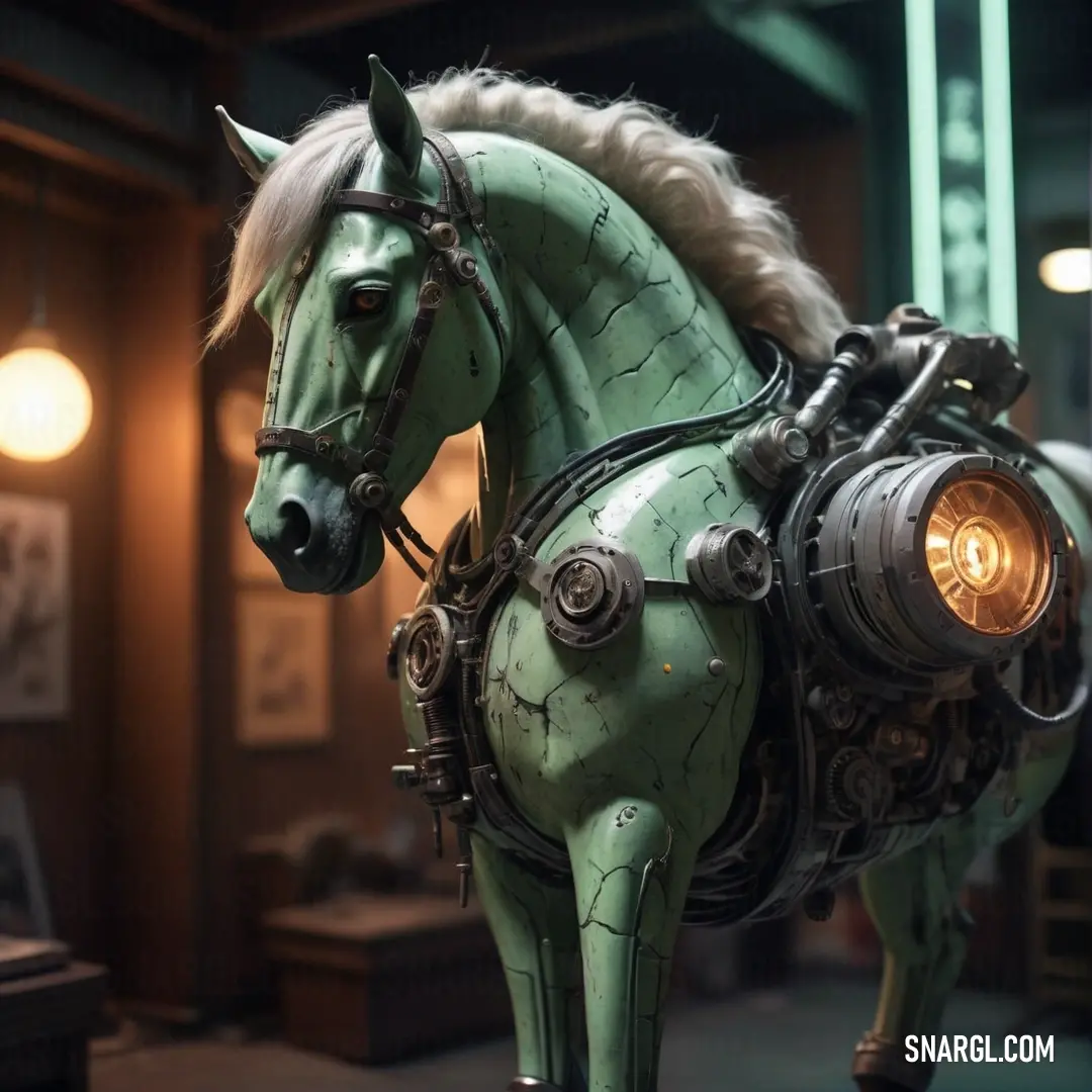 A striking green horse statue is illuminated by gentle lights perched atop its head and neck, creating an ethereal glow. The blend of color and light transforms this sculpture into a focal point of intrigue and fascination.