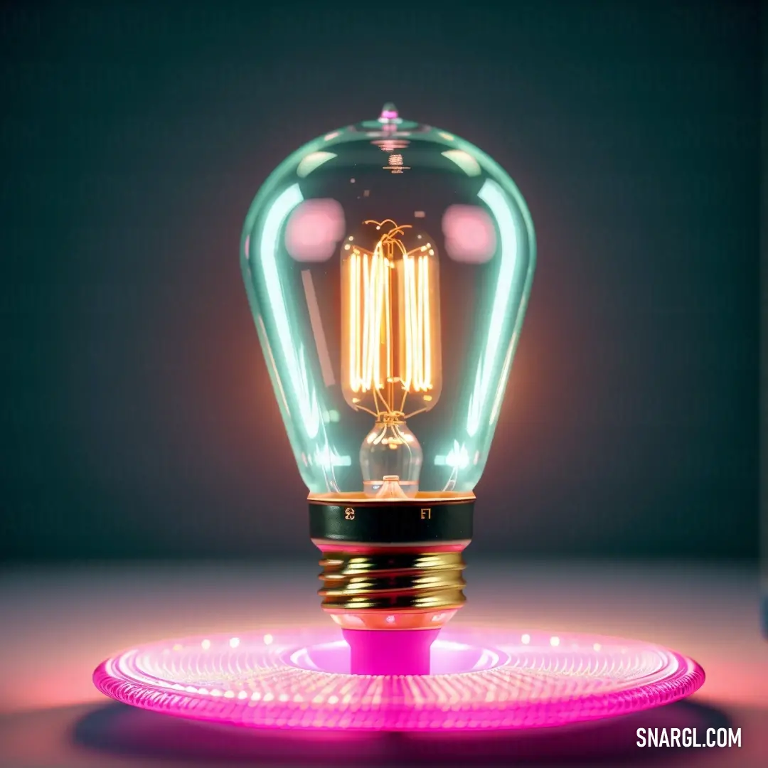 A unique light bulb with a pink base illuminates a sleek tabletop against a black backdrop, creating a dramatic contrast. The gentle glow of the bulb adds warmth and character to the minimalistic setting, evoking a sense of modern style.