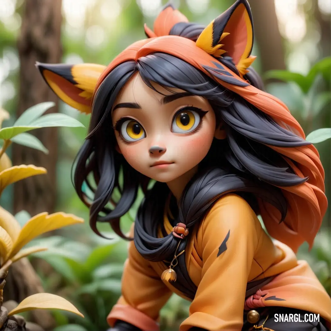 A whimsical figurine of a girl dons a playful fox costume, gracefully poised in a forest setting as sunlight dances around her, enhancing the charm and wonder of this magical scene.