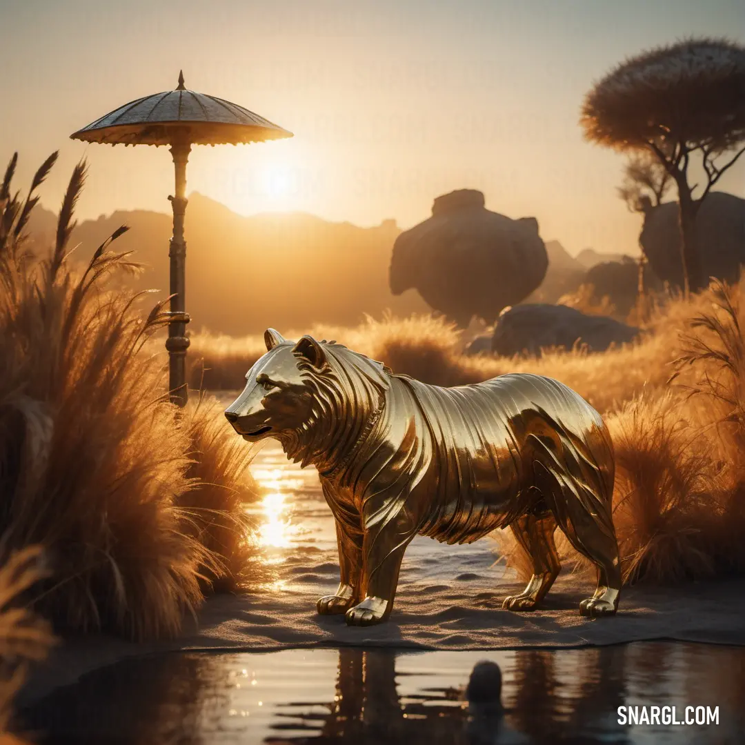 A majestic golden bear statue stands proudly amidst a picturesque field, bathed in the soft glow of sunset. Surrounding trees and a charming gazebo add to the enchanting ambiance of the scene.