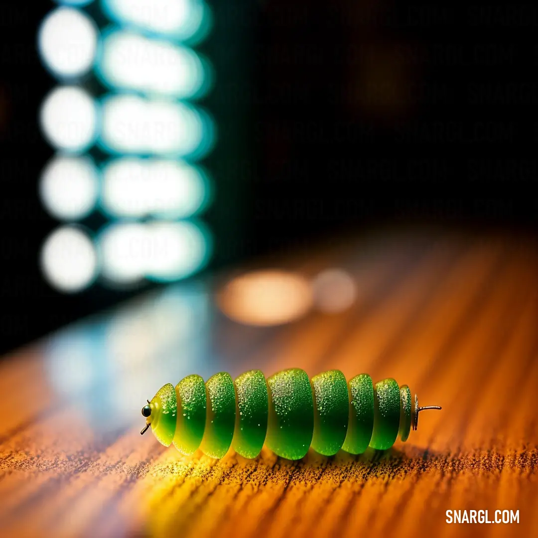 A bright green caterpillar rests on a wooden table, next to a glowing green light bulb. The vibrant contrast of the caterpillar and the light bulb draws attention to the natural textures of the scene.