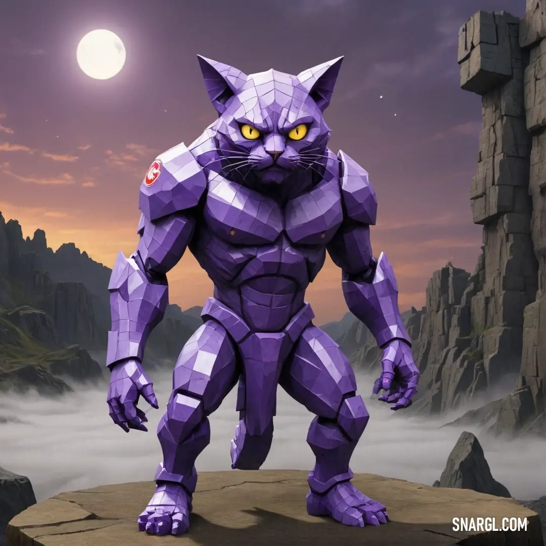 A striking purple cat stands majestically on a rugged rock, its vibrant fur juxtaposed against the backdrop of a dramatic mountain range, framed beneath a sky illuminated by the soft light of a full moon.