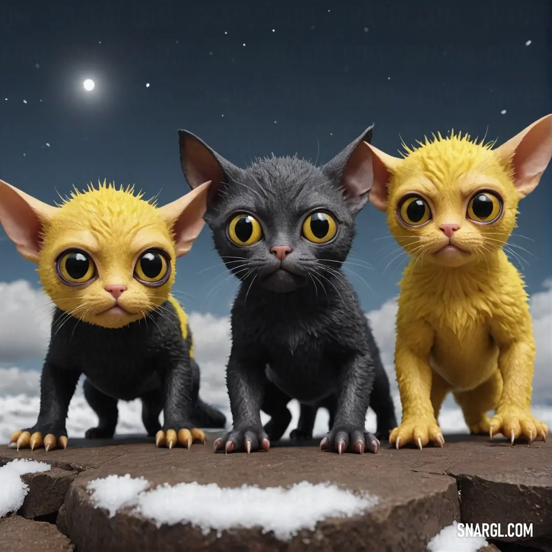 Three adorable cats with oversized eyes rest together on a snow-laden rock, their fluffy coats reflecting the luminescence of a full moon, surrounded by the serene stillness of a snowy night and a breathtaking, wintry landscape.