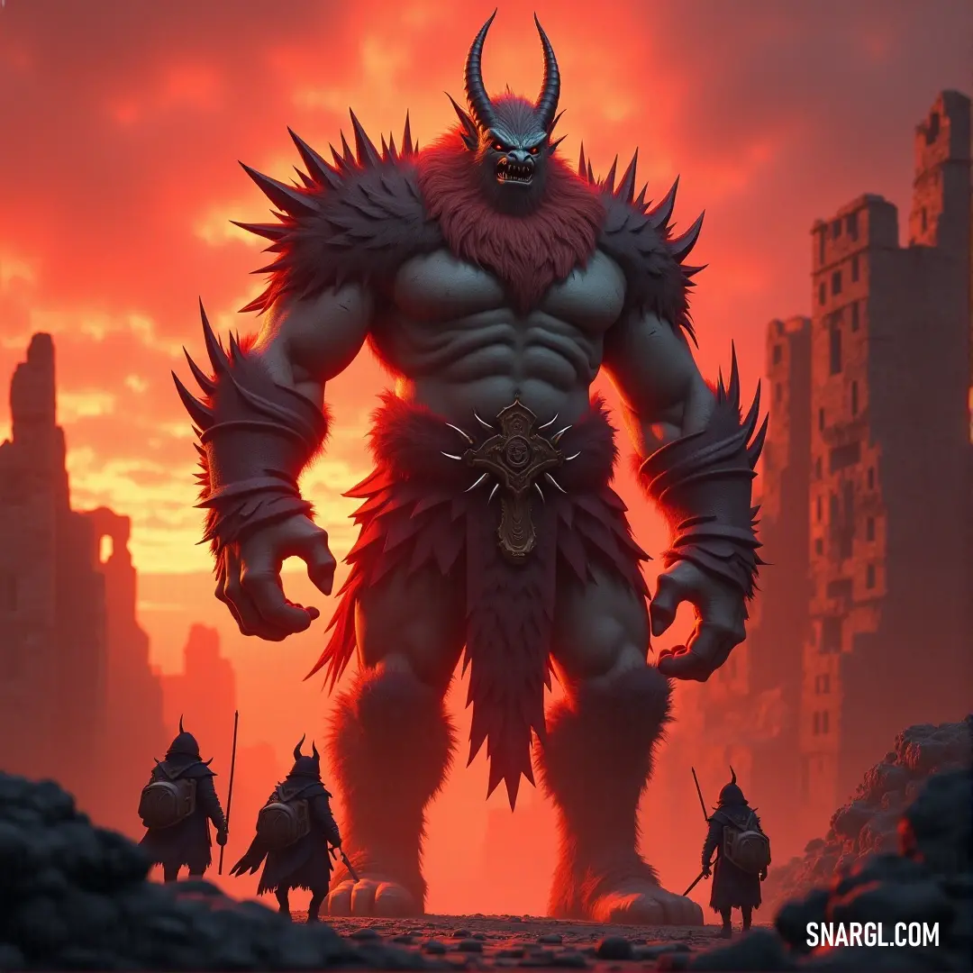 A towering, monstrous figure dominates a sprawling city, silhouetted against a vibrant sunset. The fiery sky illuminates the scene, casting a dramatic light on the small group of men in the background, caught in awe of the gargantuan creature's presence.