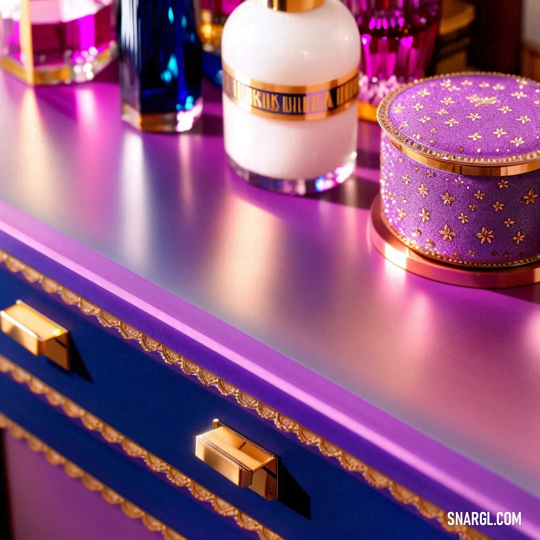 A luxurious purple dresser adorned with an elegant gold trim, topped with a complementary purple and gold piece. The rich hues create a regal atmosphere. The color profile showcases CMYK 0,51,59,0, enhancing the dresser's opulence.