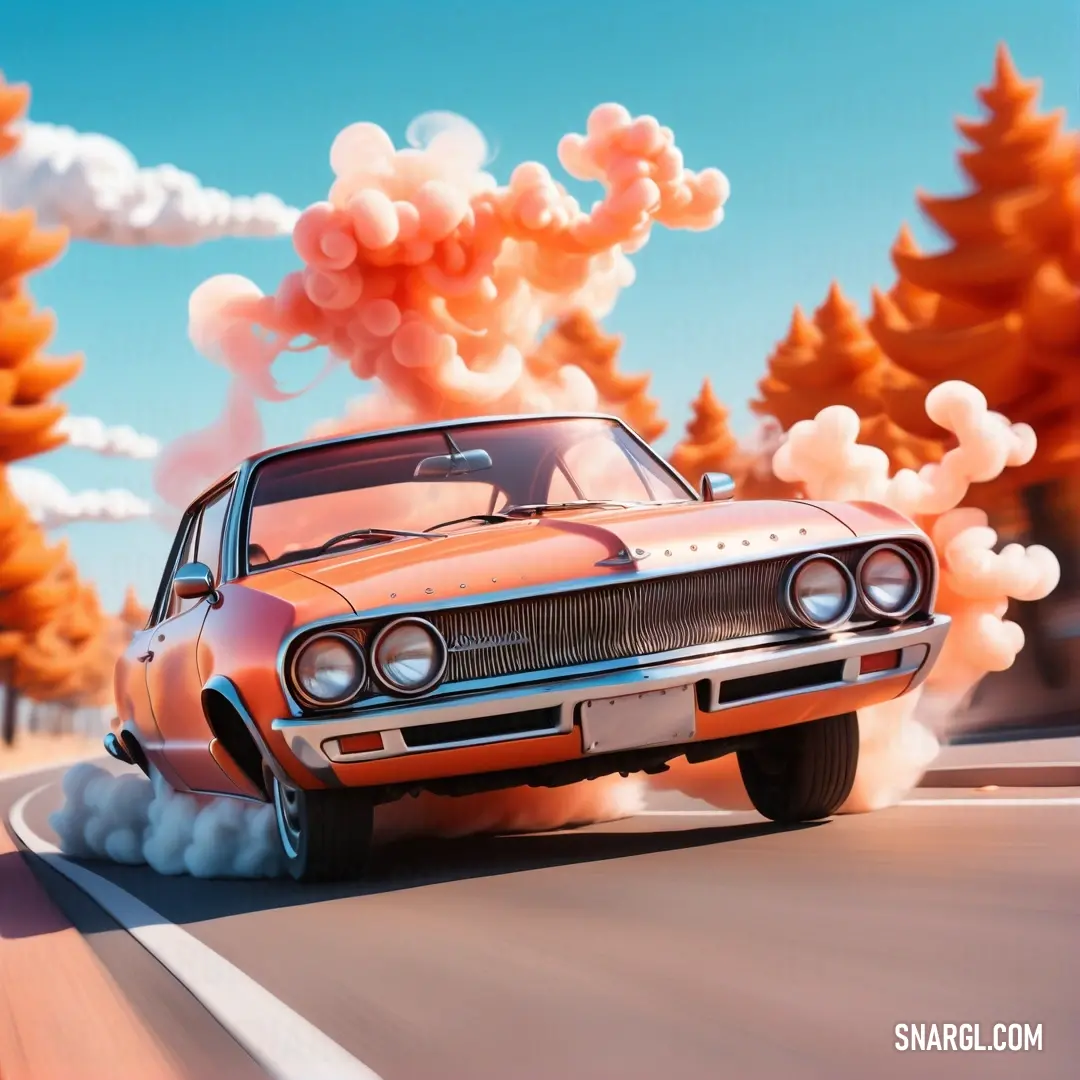Car driving down a road with smoke coming out of it's tires and a sky background. Example of CMYK 0,51,46,0 color.
