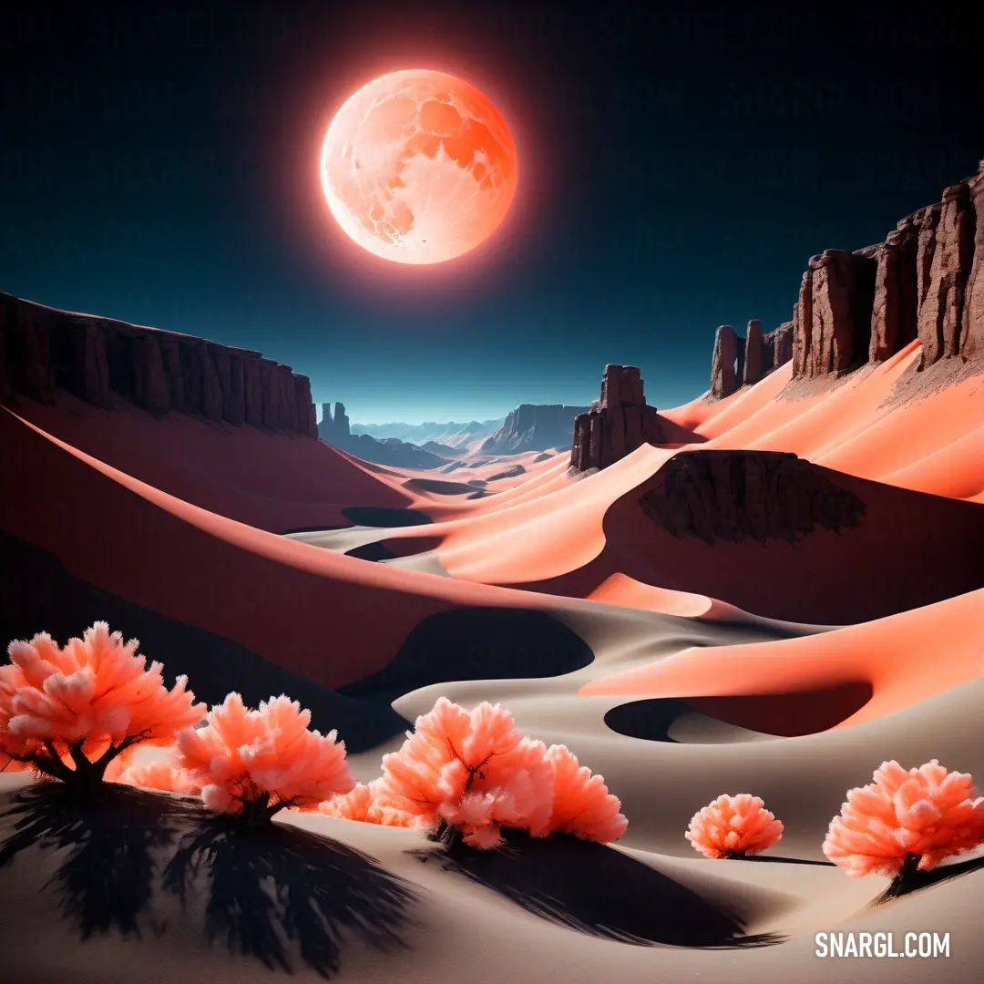 Desert landscape with a full moon and desert plants in the foreground and a desert landscape with a red moon in the background