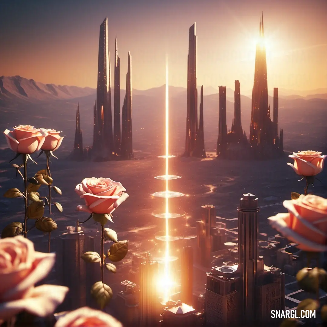 Futuristic city with roses in the foreground and a bright sun in the background. Example of CMYK 0,54,41,0 color.