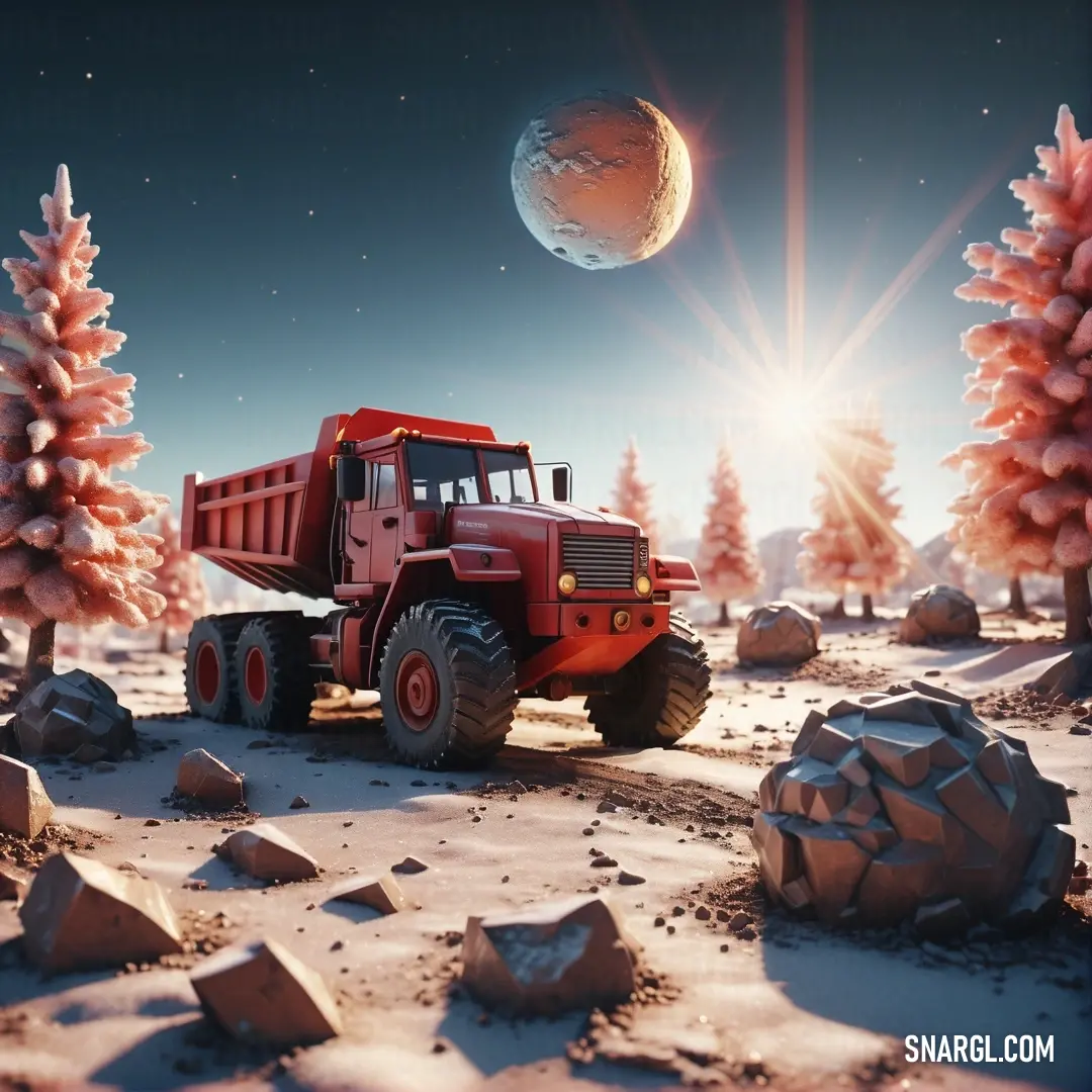 NCS S 1040-Y80R color example: Red dump truck driving through a barren landscape with trees and planets in the background