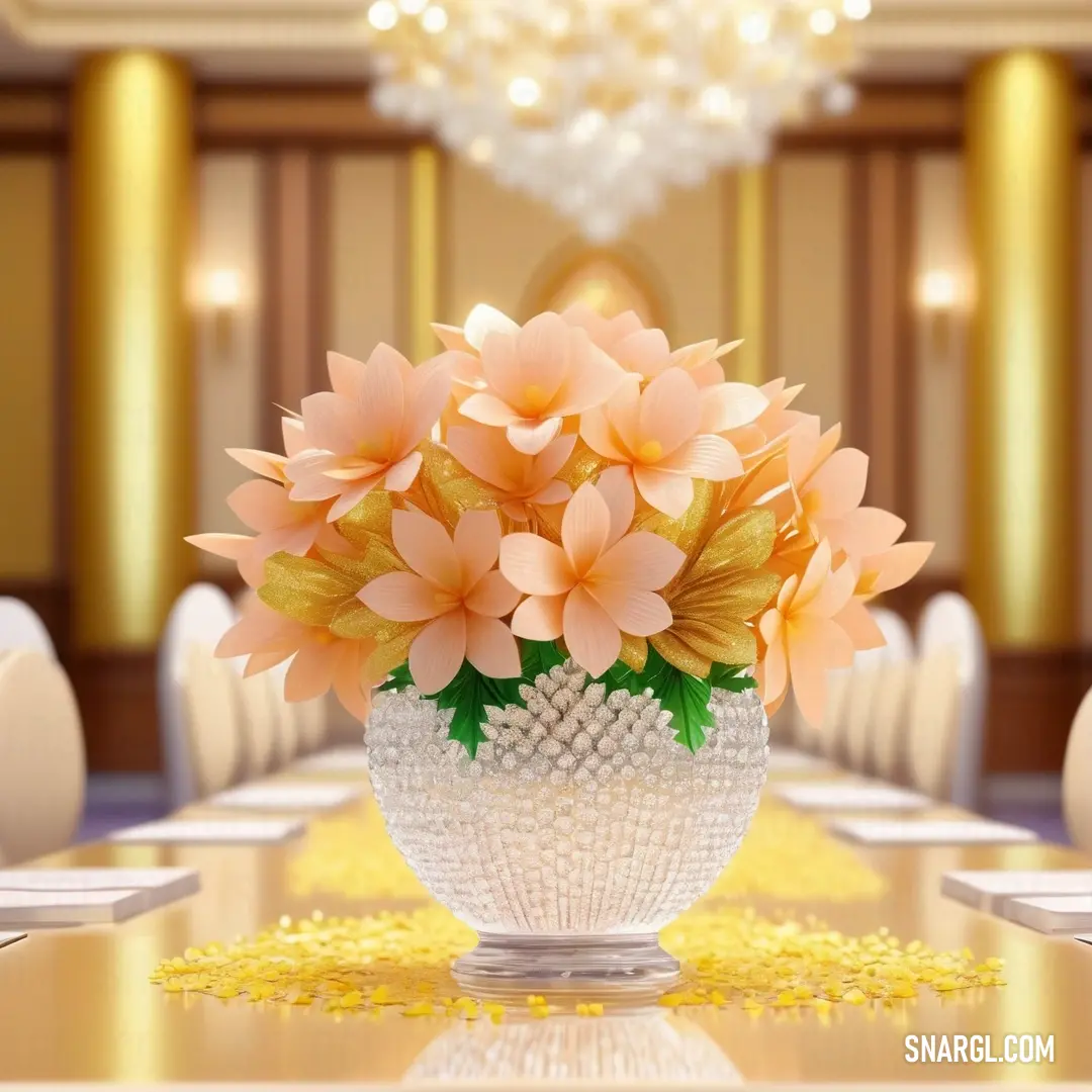 NCS S 1040-Y80R color example: Vase with flowers on a table in a room with chandeliers and tables set for a formal function