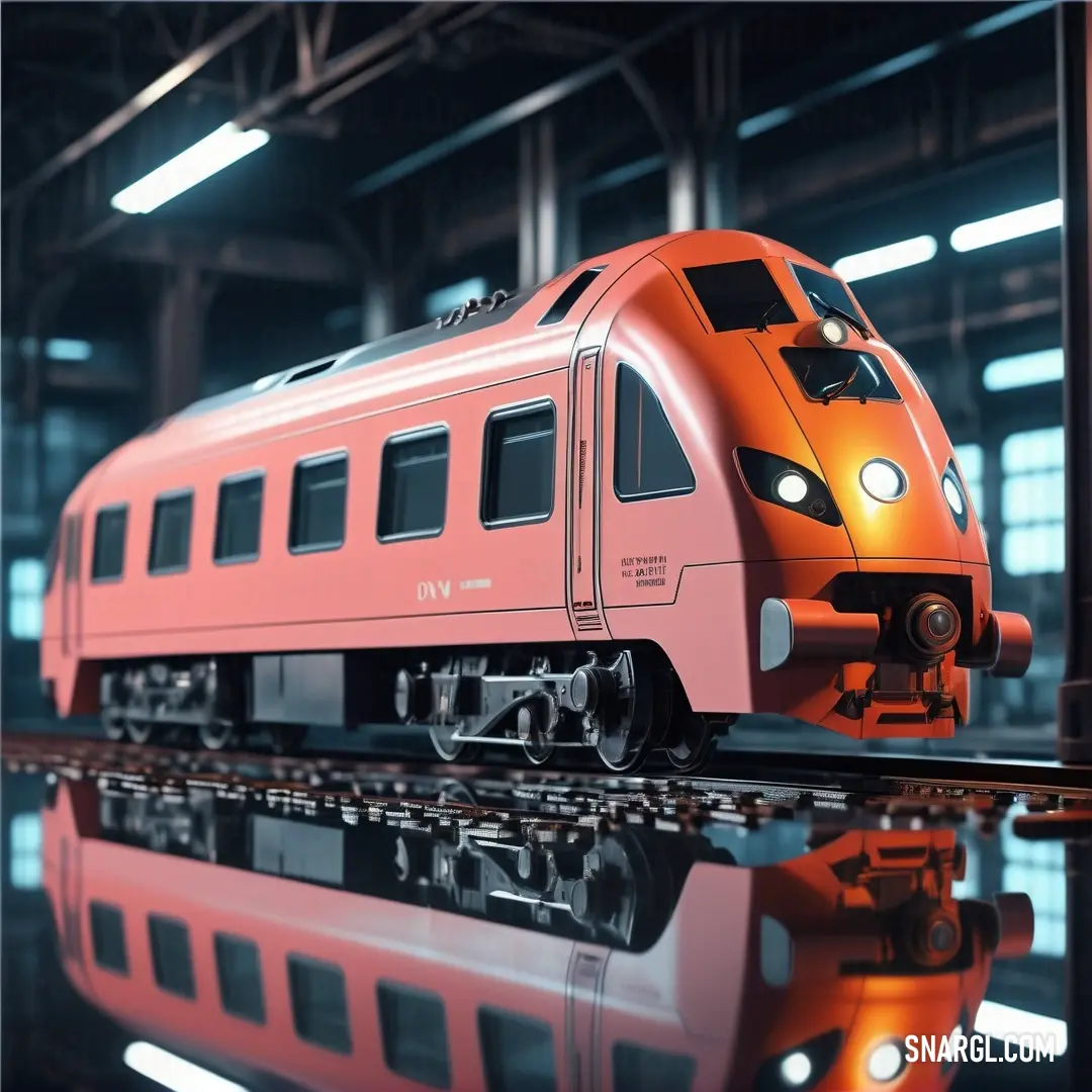 Red train is on a track in a building with a reflection on the ground and a building with a light on. Example of CMYK 0,53,36,0 color.
