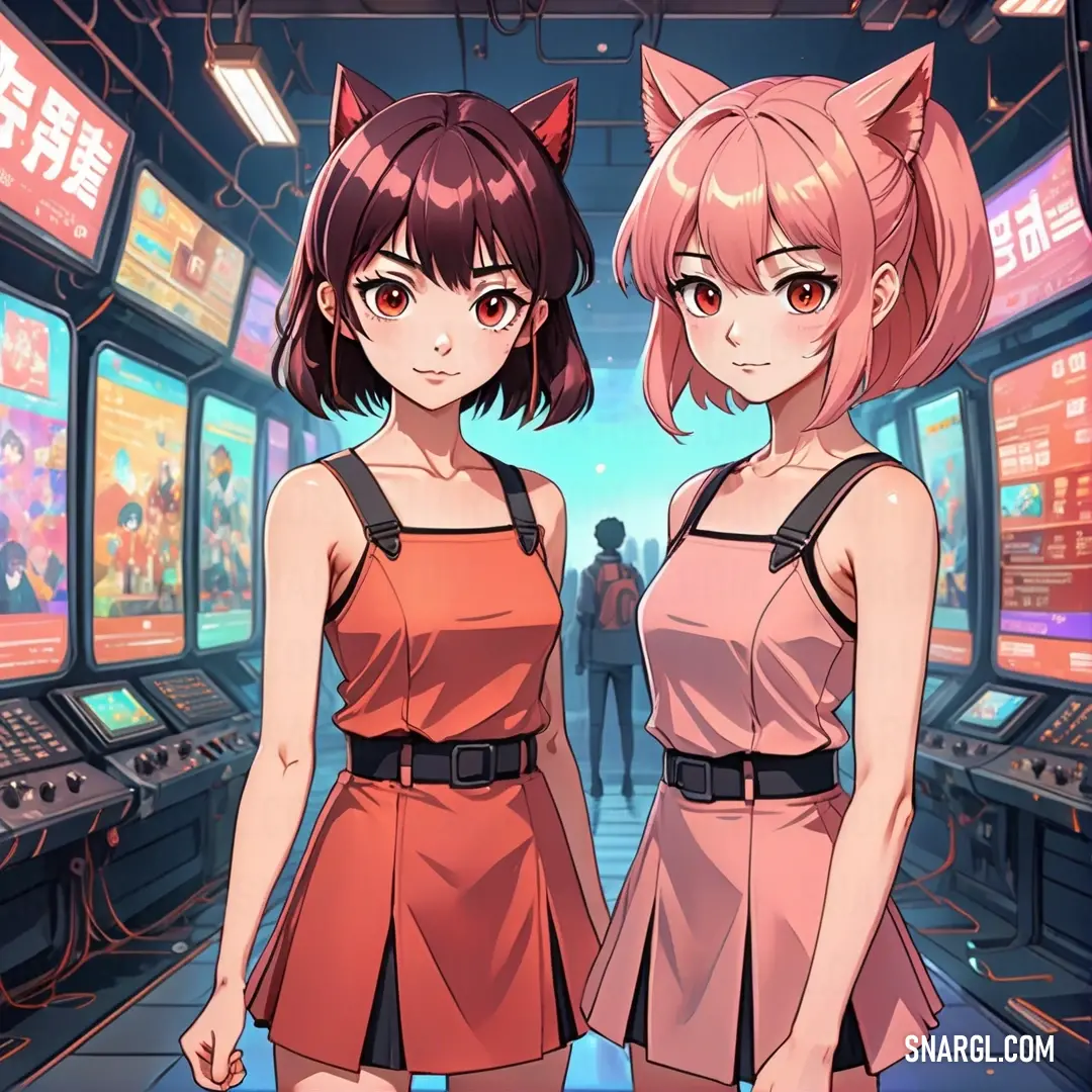 Two anime girls standing in front of a computer screen with a cat on their head and a cat on their shoulder. Example of CMYK 0,53,36,0 color.