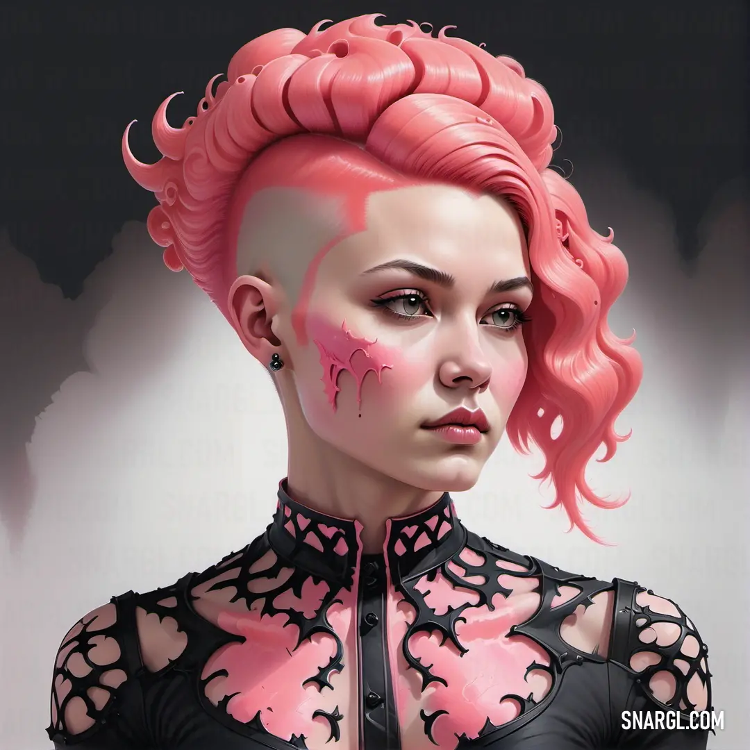 Woman with pink hair and a black top with a pink splattered face and a black bra. Color CMYK 0,53,36,0.