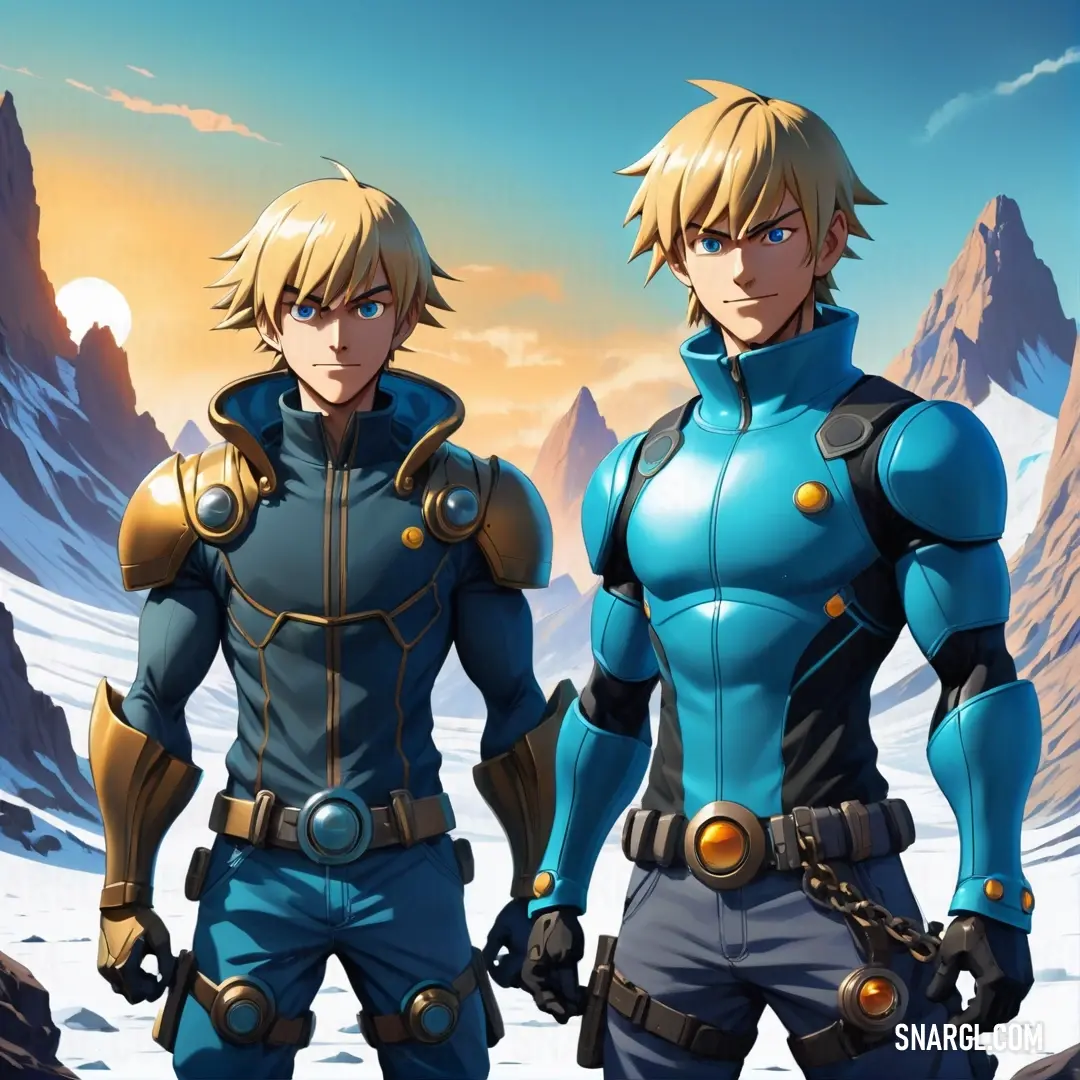 Two men in blue and gold outfits standing in the snow with mountains in the background. Example of CMYK 70,0,1,10 color.