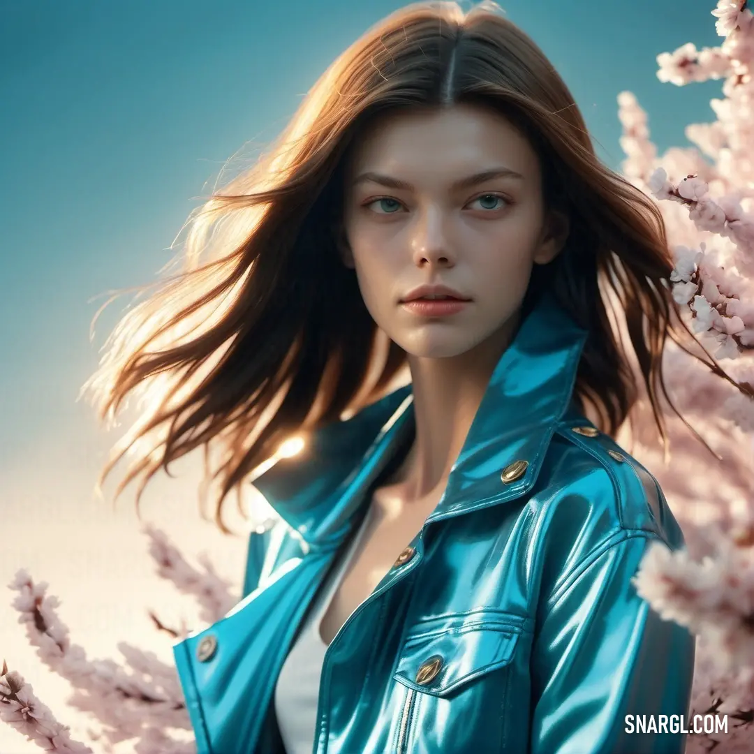NCS S 1050-B color. Woman in a blue leather jacket standing in front of a tree with pink flowers in the background