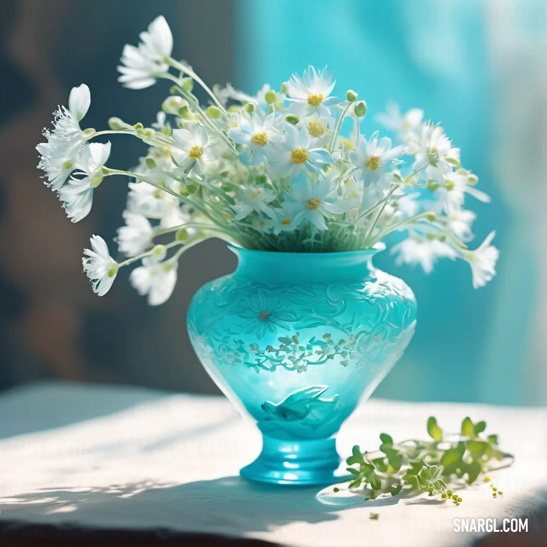 Blue vase with white flowers in it on a table next to a window with a blue curtain behind it. Color RGB 69,195,212.