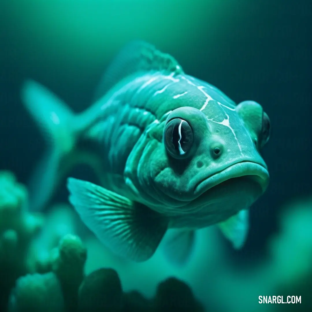Close up of a fish with a green background. Color CMYK 79,0,39,0.