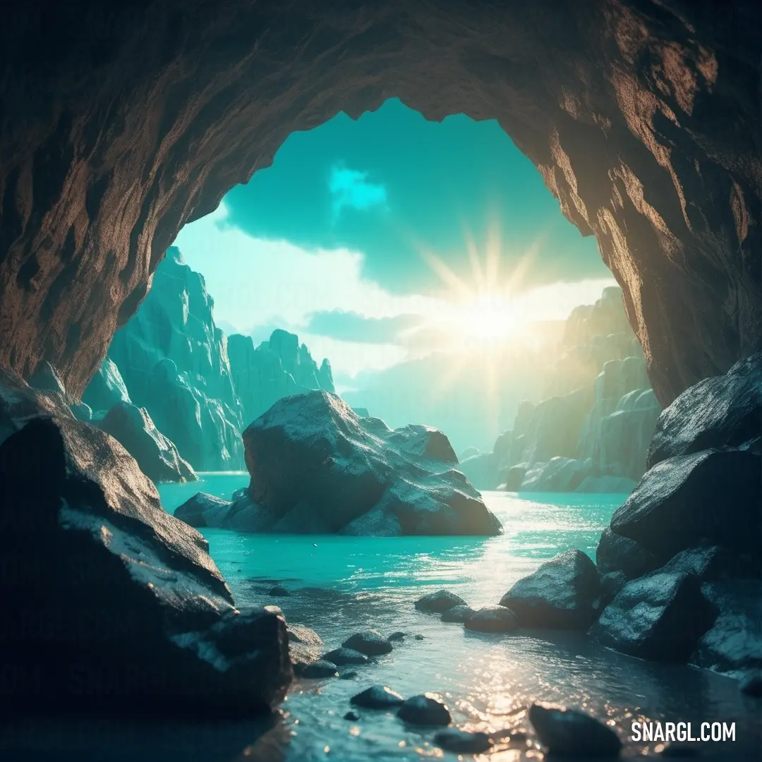 NCS S 1050-B50G color example: Cave with a river and rocks in the water and the sun shining through the cave door