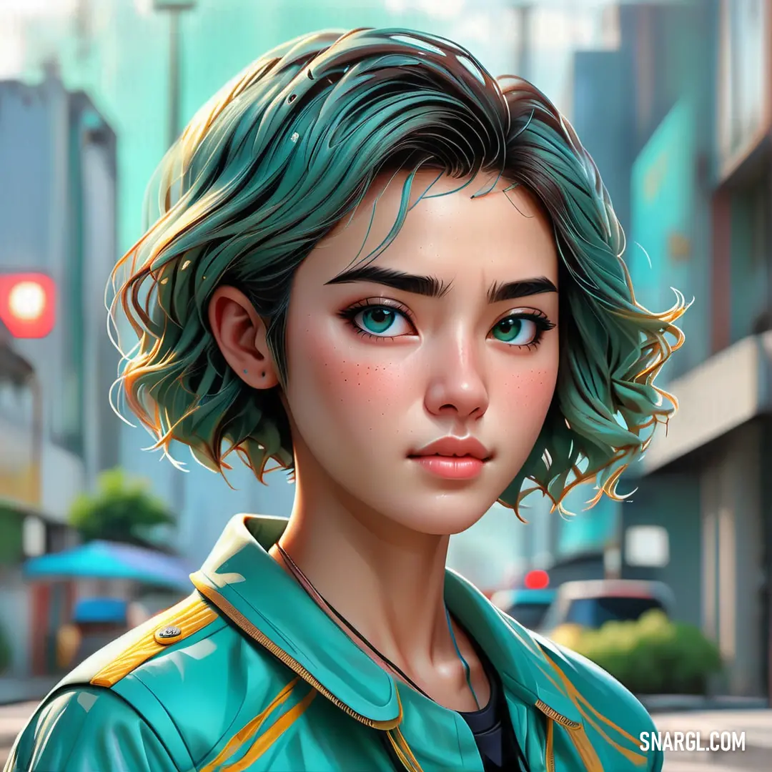 NCS S 1050-B50G color. Digital painting of a woman with green hair and blue eyes in a city street with buildings and cars