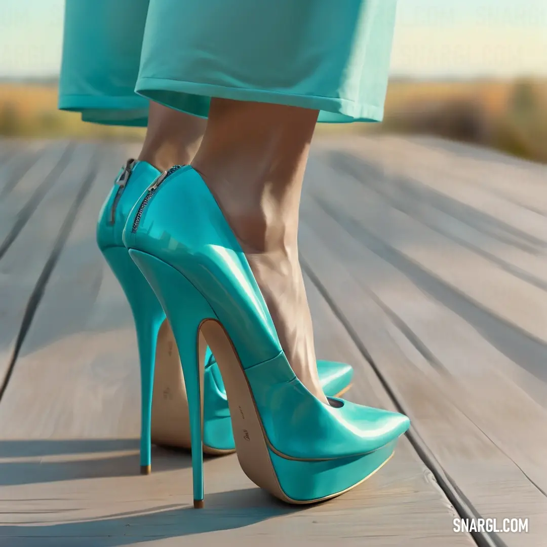 Woman's legs in high heels on a wooden floor with a sky blue dress and a pair of blue shoes. Color #17C1B6.