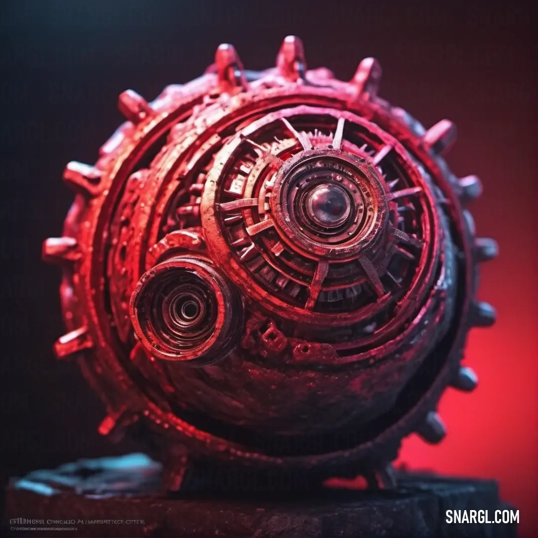 Close up of a metal object on a table top with a red light behind it and a black background. Example of RGB 253,125,134 color.