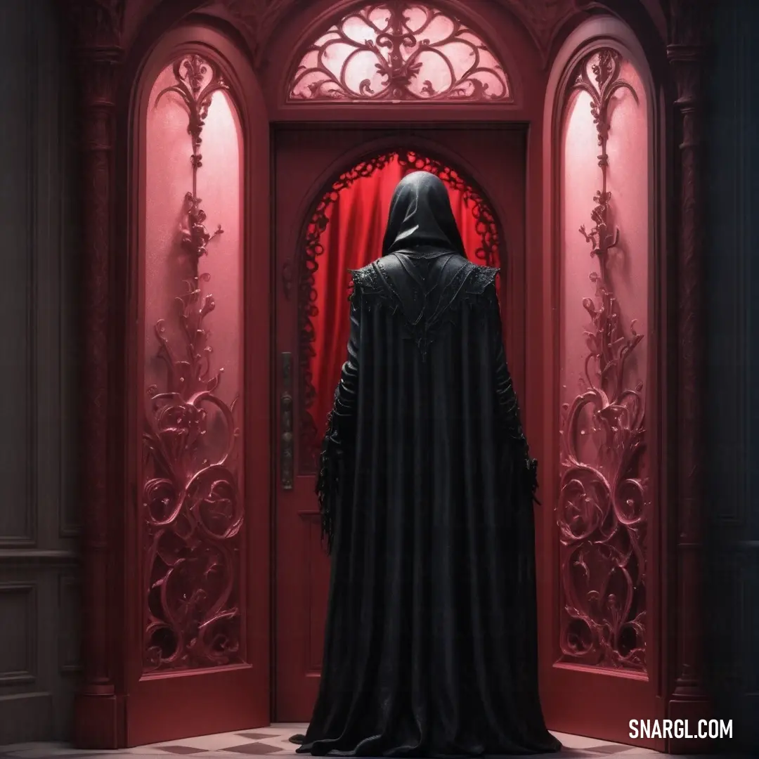 Person in a hooded cloak standing in front of a red door with a red curtain on it. Color RGB 253,125,134.