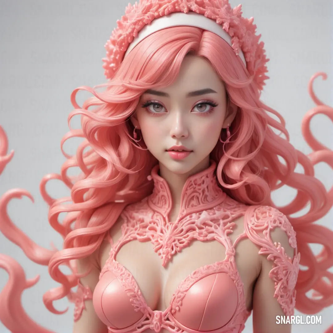 Pink doll with a pink wig and bra top on a white background. Example of CMYK 0,65,37,0 color.
