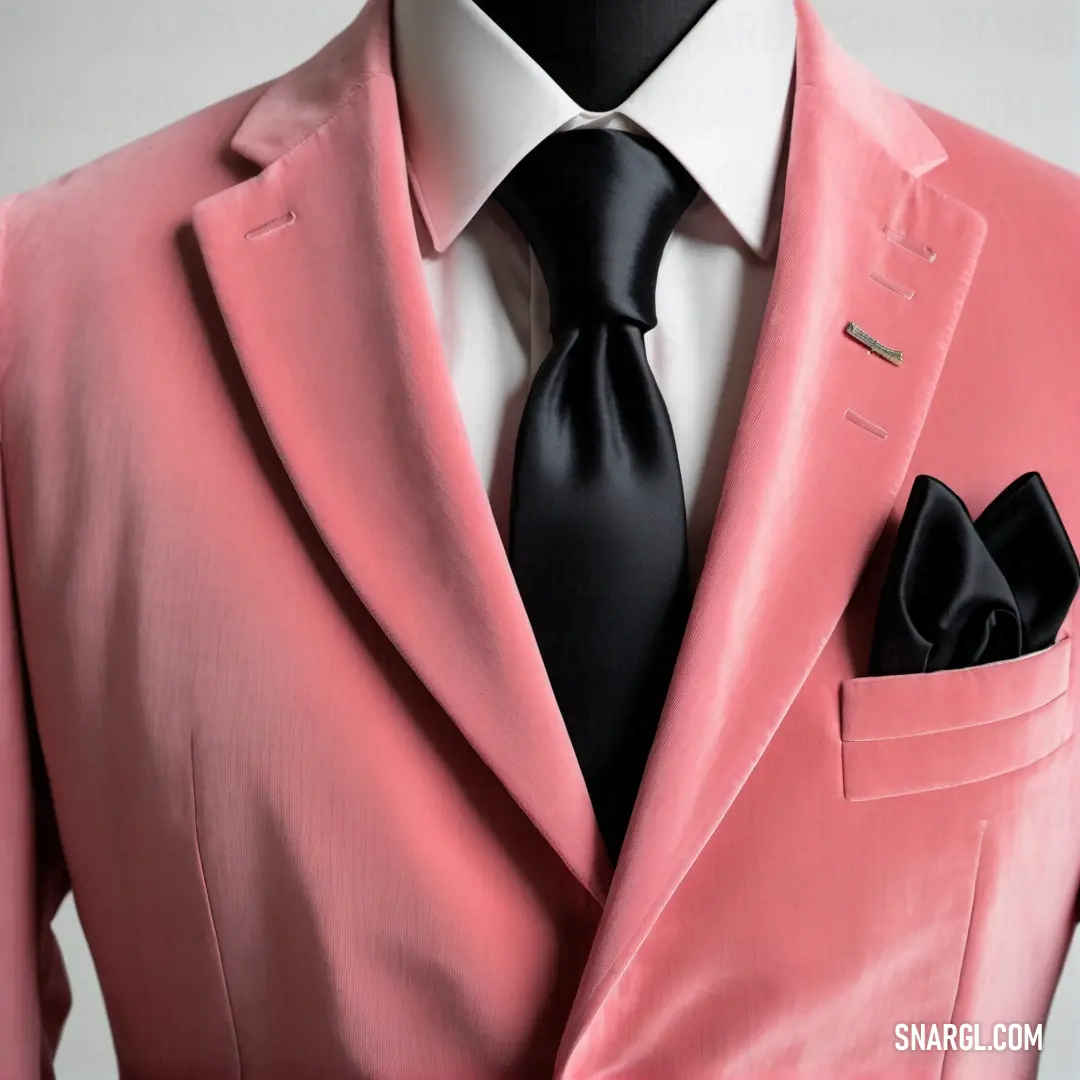 Pink suit with a black tie and a white shirt with a black pocket square on it and a white shirt. Example of RGB 253,125,134 color.