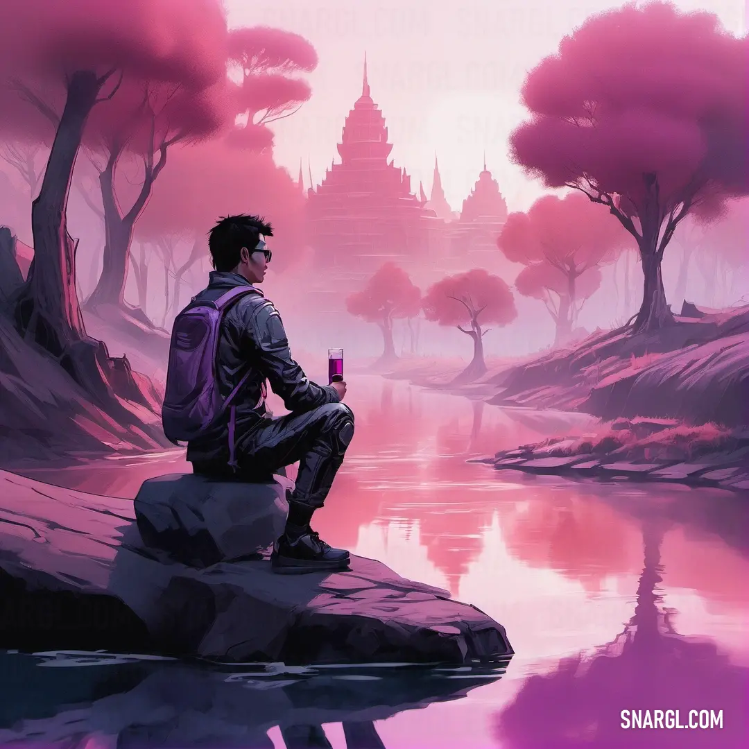 Man on a rock looking at a lake and a castle in the distance with a pink sky. Color CMYK 0,68,30,0.