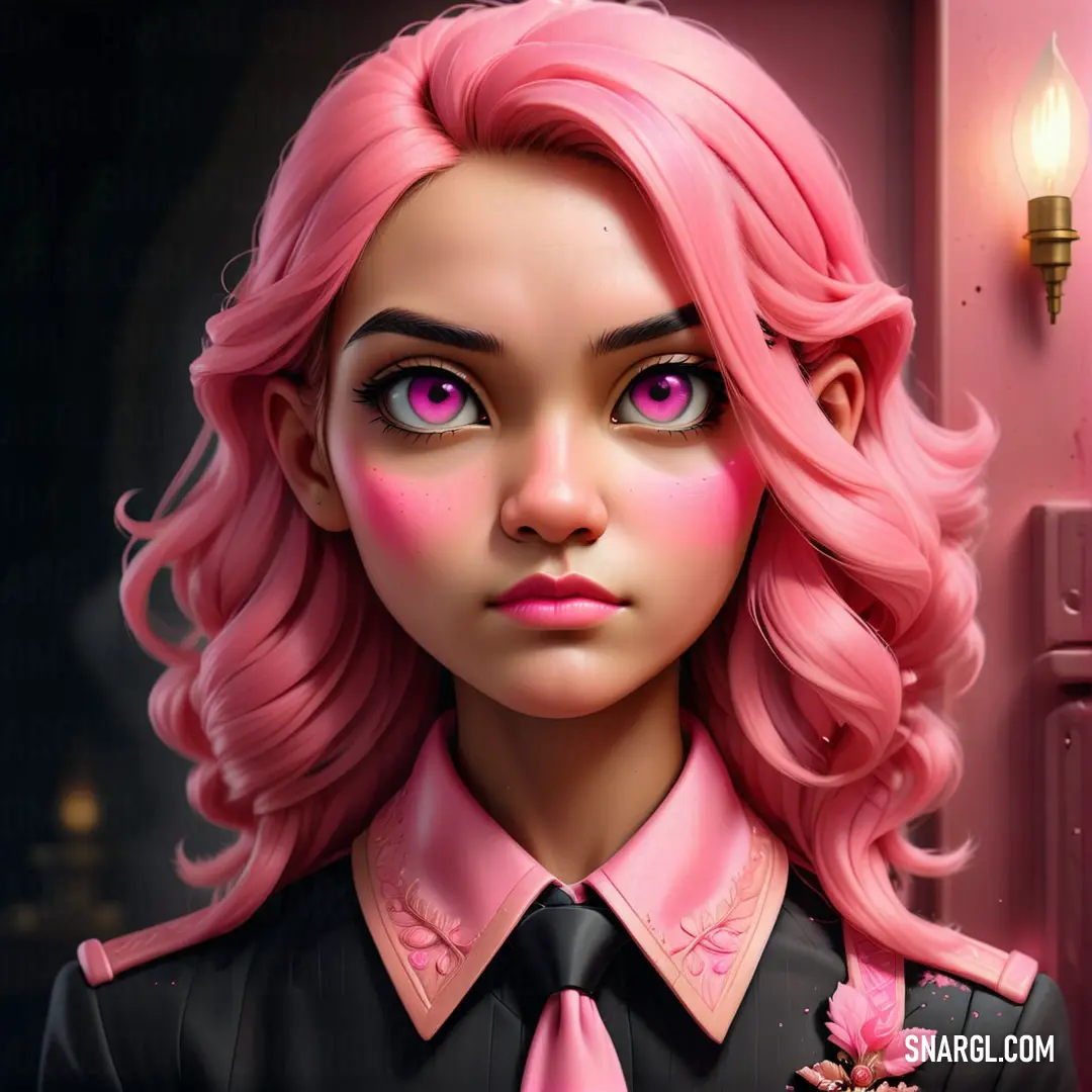 Painting of a woman with pink hair and a pink tie and a pink flower in her hair and a pink door. Color NCS S 1050-R10B.