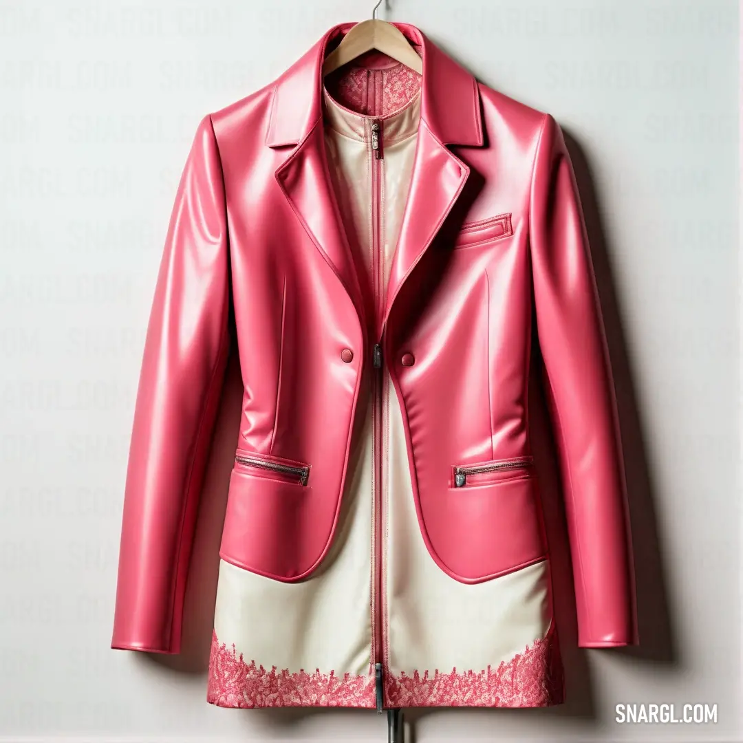 Pink leather jacket hanging on a wall with a white background. Example of CMYK 0,68,30,0 color.