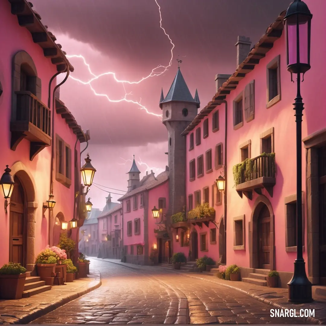 Street with a lightning bolt in the sky above it and a pink building with a clock tower on it. Color #FC758C.