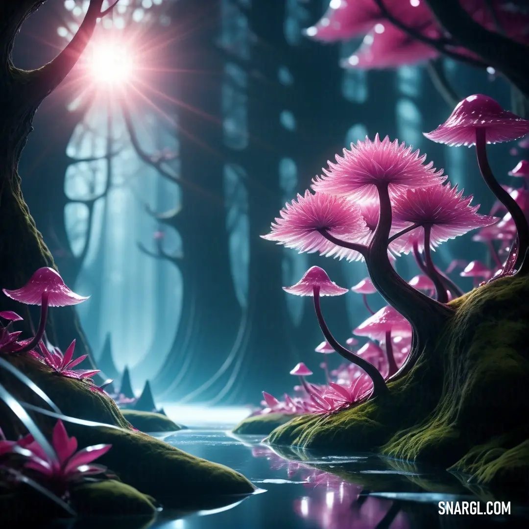 NCS S 1050-R20B color. Painting of a forest with pink flowers and trees in the background