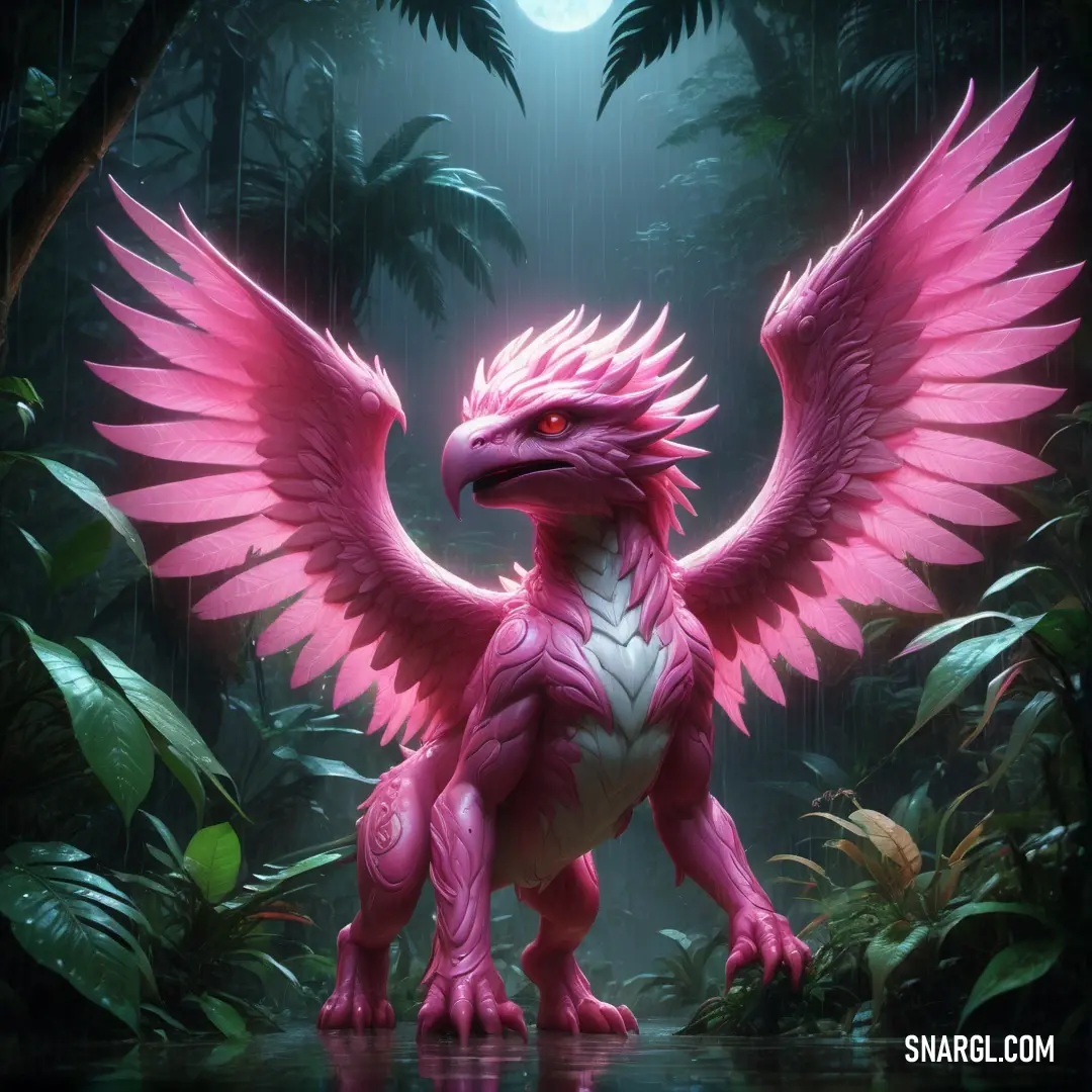 NCS S 1050-R20B color. Pink dragon with wings spread out in the rain in a jungle setting with a full moon in the background