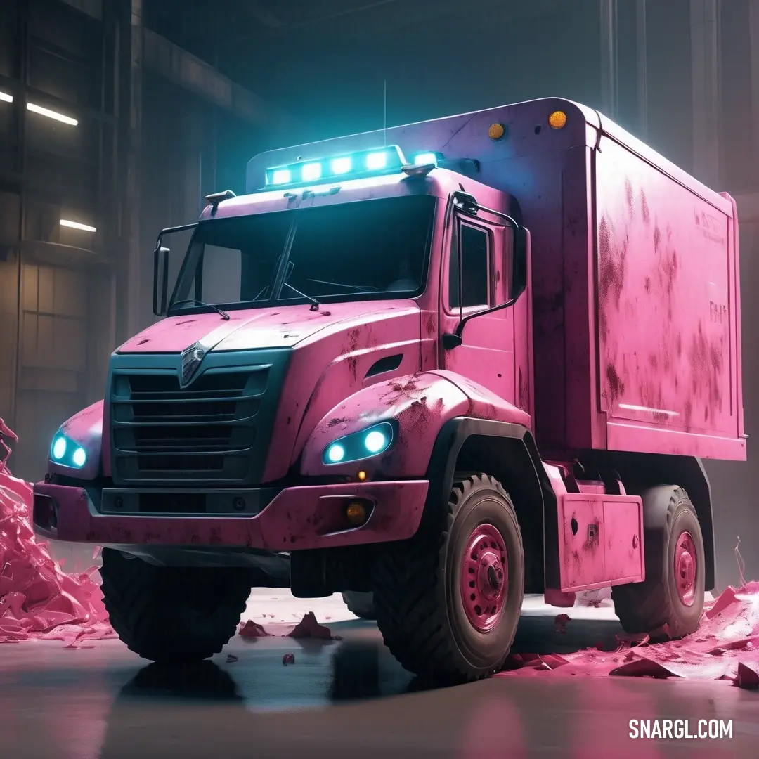 NCS S 1050-R20B color example: Pink truck with a light on its head is parked in a warehouse area with pink rocks and a building