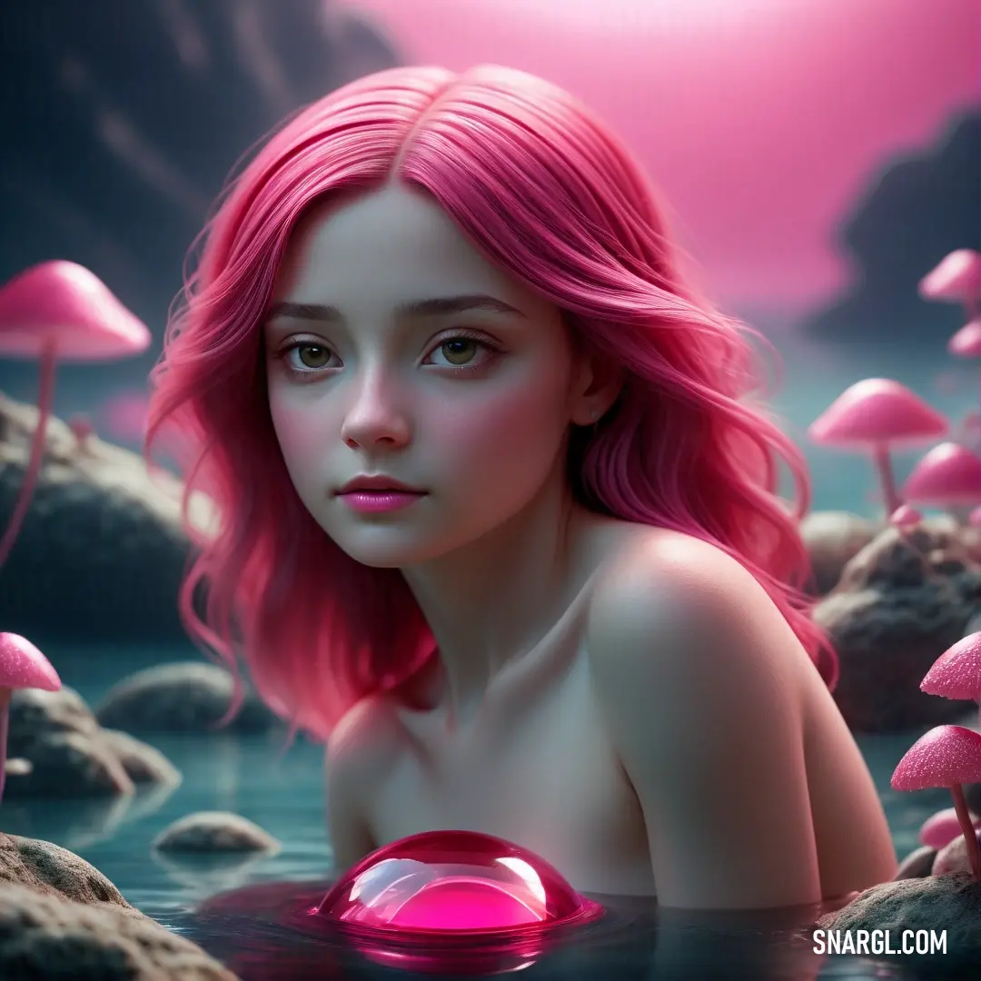 Woman with pink hair is in the water with pink mushrooms and mushrooms around her. Color CMYK 0,71,11,0.