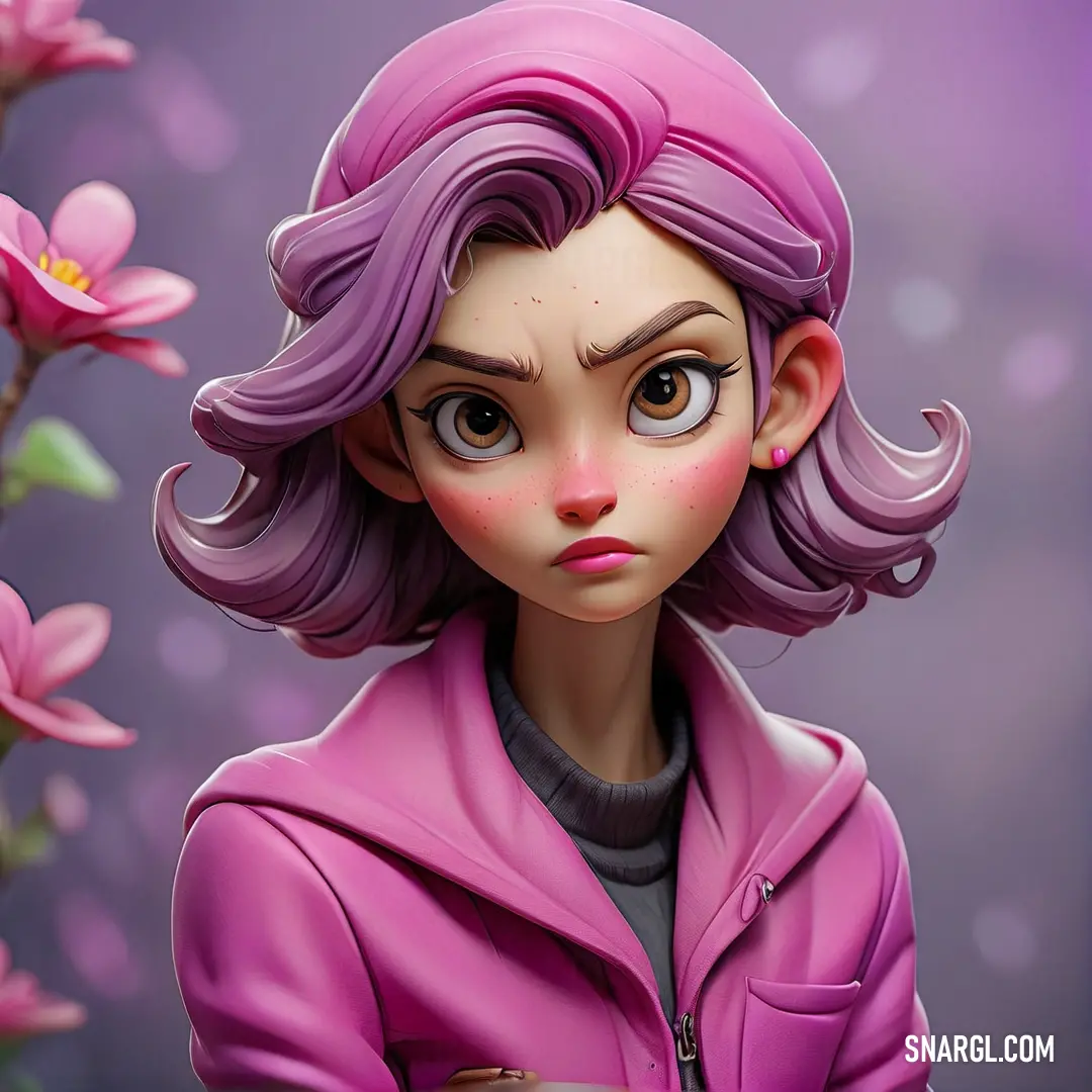Cartoon character with purple hair and a pink jacket on,. Color #DD64A4.