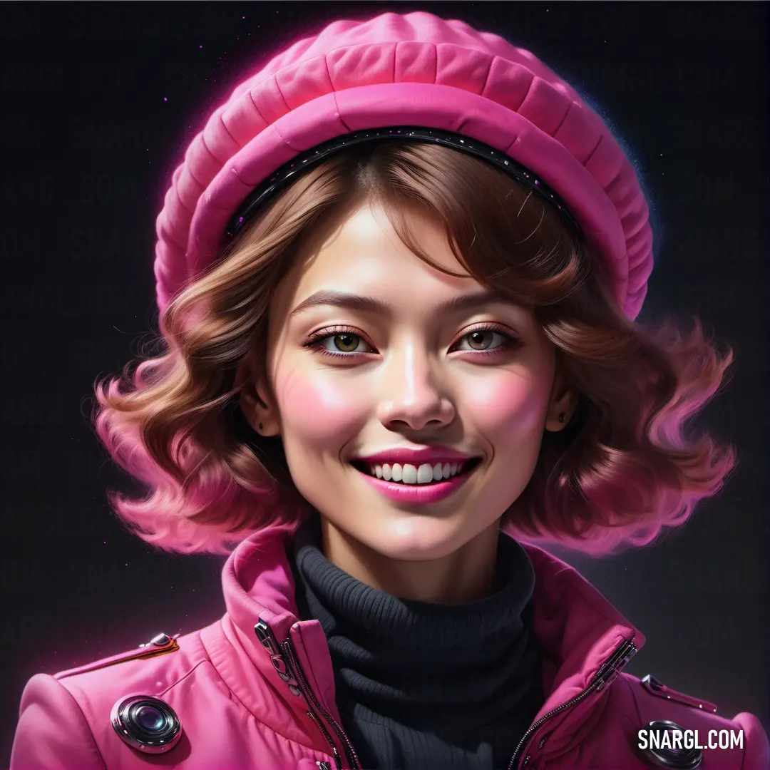 NCS S 1050-R30B color example: Painting of a woman wearing a pink hat and jacket with a smile on her face and a black background