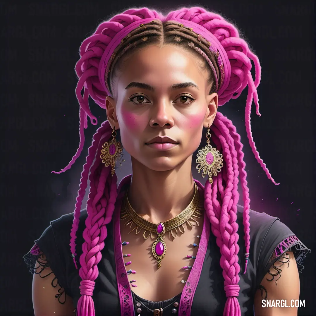 Woman with pink dreadlocks and a necklace on her neck and chest, with a black background. Color NCS S 1050-R30B.
