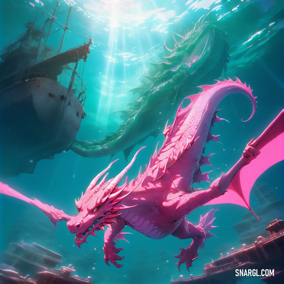Pink dragon is floating in the water near a boat in the ocean with a pink tail. Color #DD64A4.