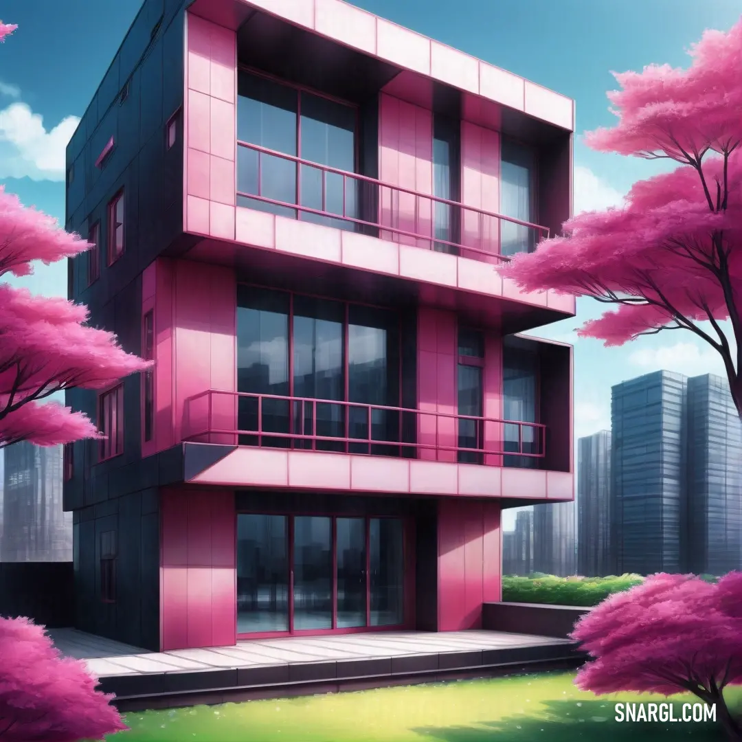 Pink building with a lot of windows and trees in front of it and a sky background. Color #D777B9.