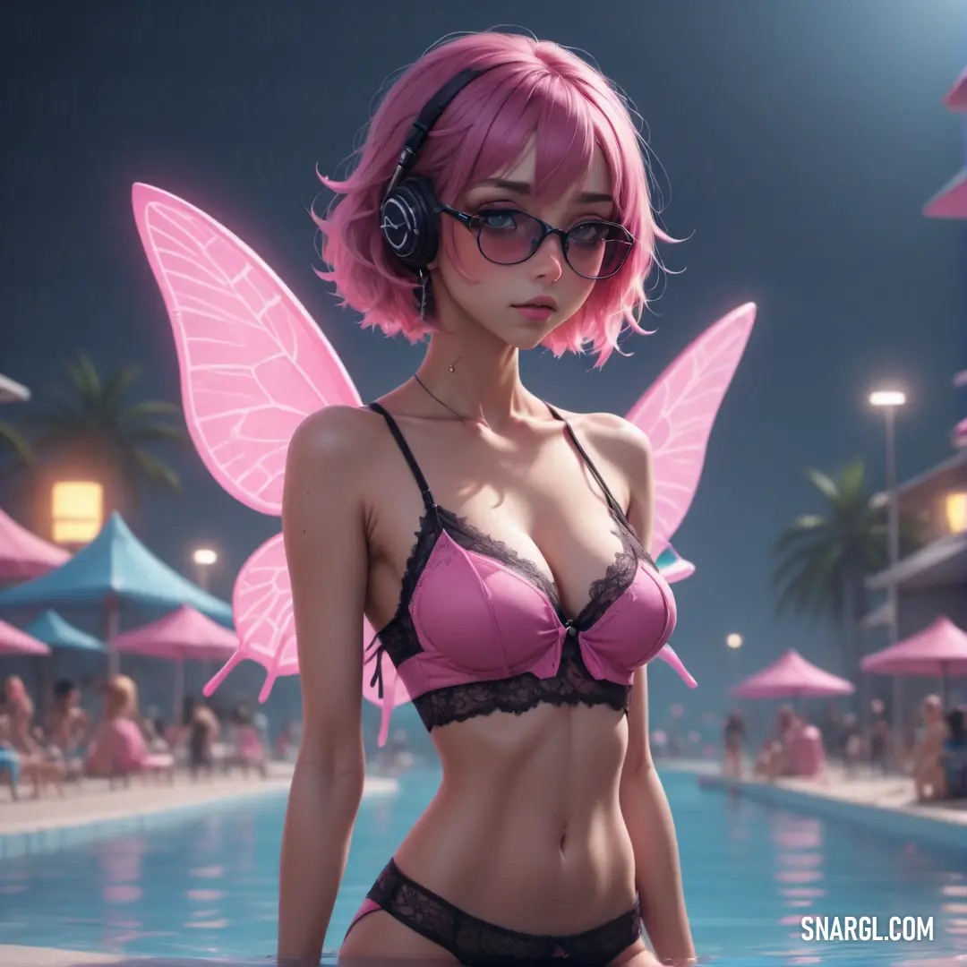 Woman in a bikini with a pink butterfly wings on her head and a pink bikini top on her chest. Example of #D777B9 color.