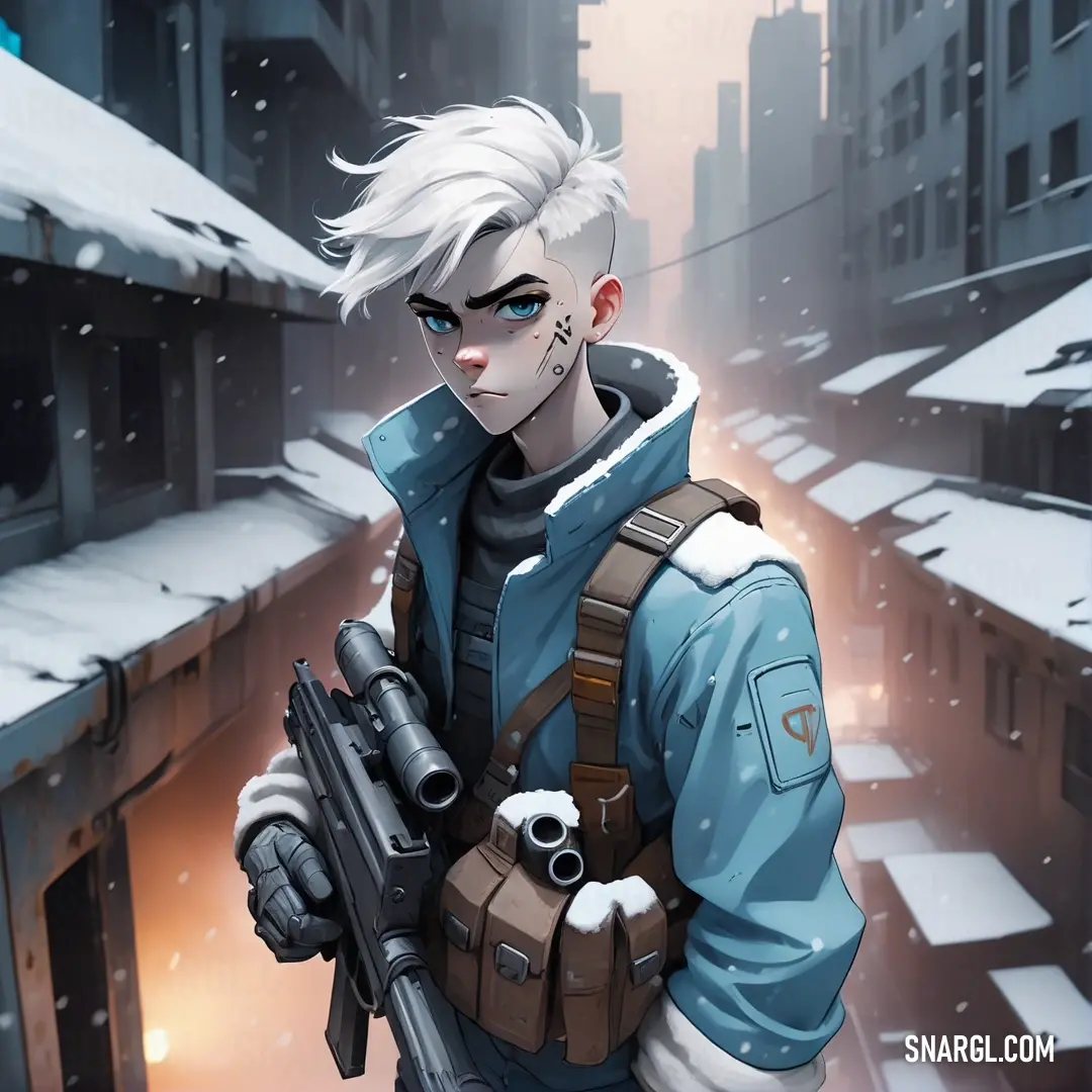 Man with a gun in a snowy city street with buildings and snow on the ground. Example of CMYK 62,15,0,0 color.