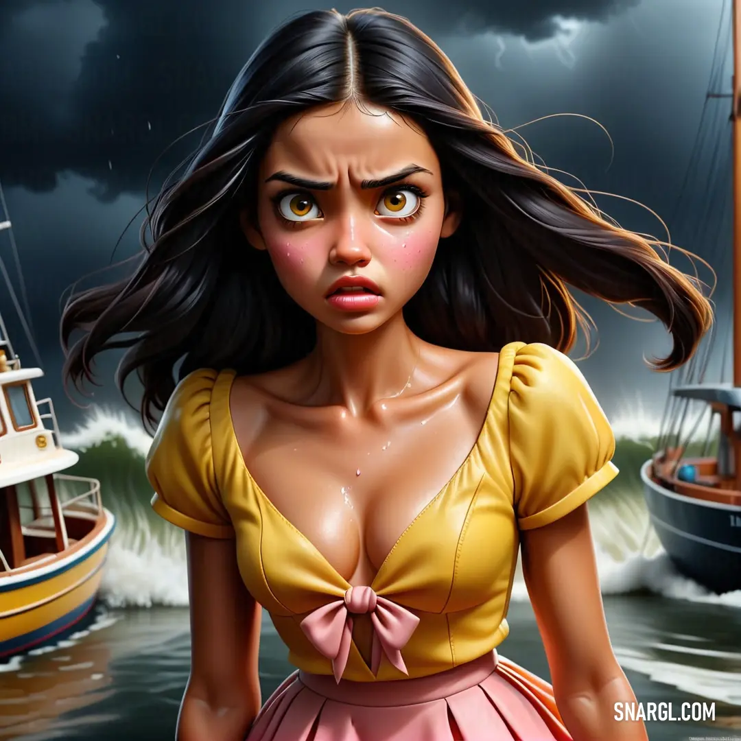 Cartoon girl with a boat in the background. Example of #FED74C color.